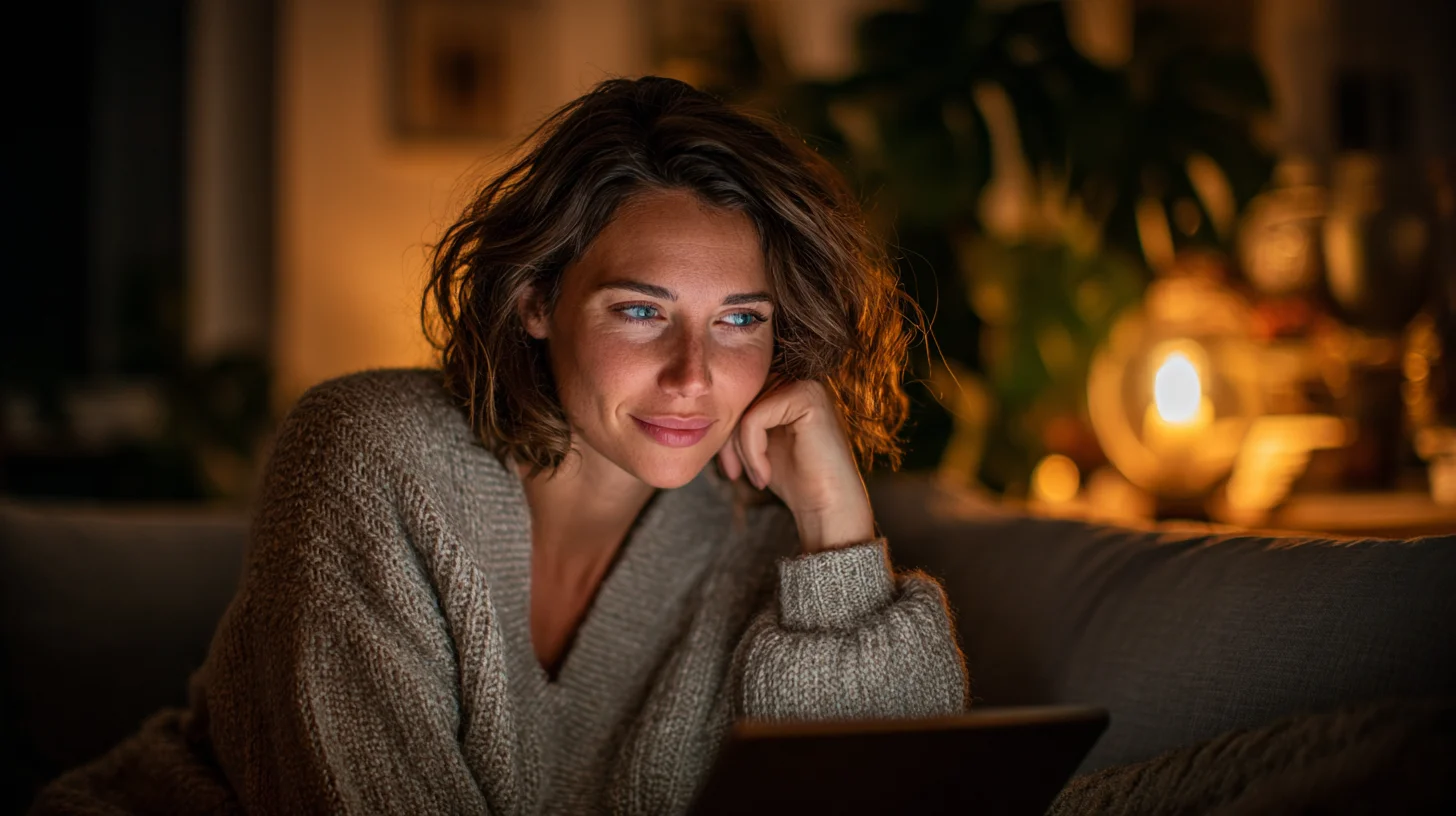 Woman using tablet to calculate her Fig Loans payment