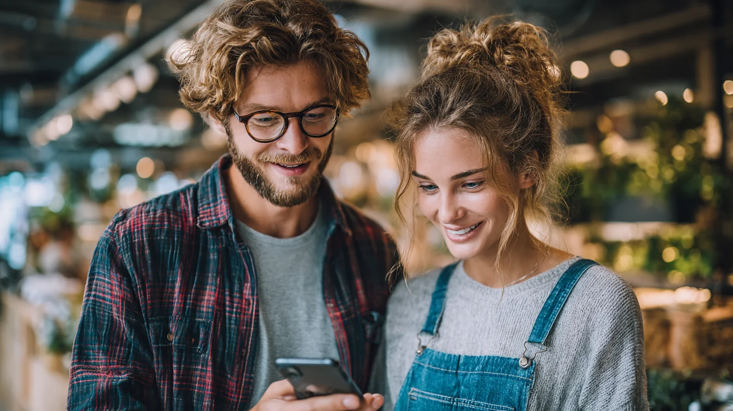 Two friends looking at smartphone learning how Fig Loans works